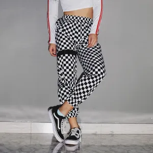 Women's Spring/Autumn High-Waist Patchwork Pants With Checkerboard Pattern