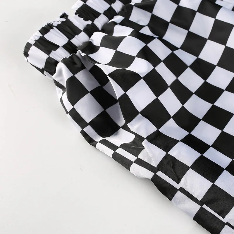 Women's Spring/Autumn High-Waist Patchwork Pants With Checkerboard Pattern