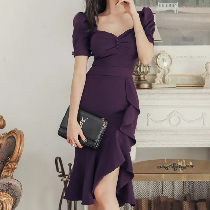 Women's Summer High-Waist V-Neck Short-Sleeved Sheath Dress