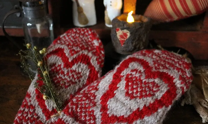Wool Heart Mittens with Heart Candle Winter Gathering