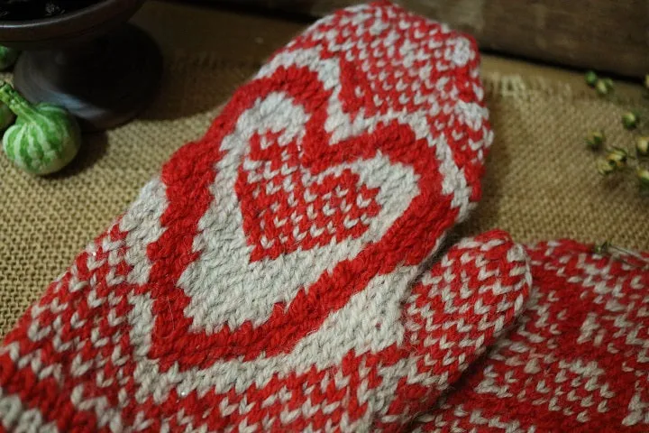 Wool Heart Mittens with Snowman Candle Winter Gathering